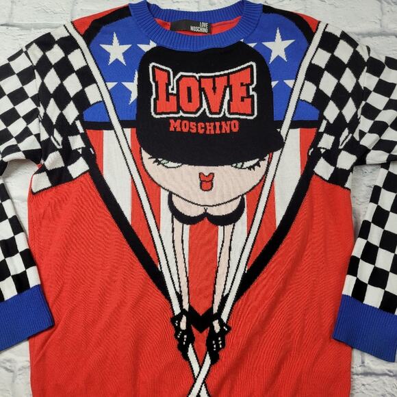Love Moschino Race Theme Boop Babe Logo Sweater Stars Red Blue White size Small - Picture 8 of 16